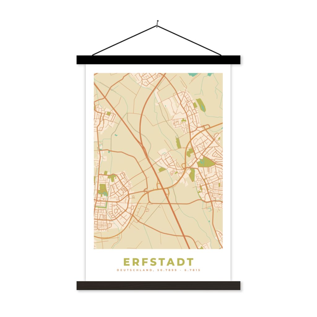 MuchoWow Textilposter Erfstadt - Karte - Stadtplan - Vintage 120x180 cm mit schwarzem Rahmen - Fotos