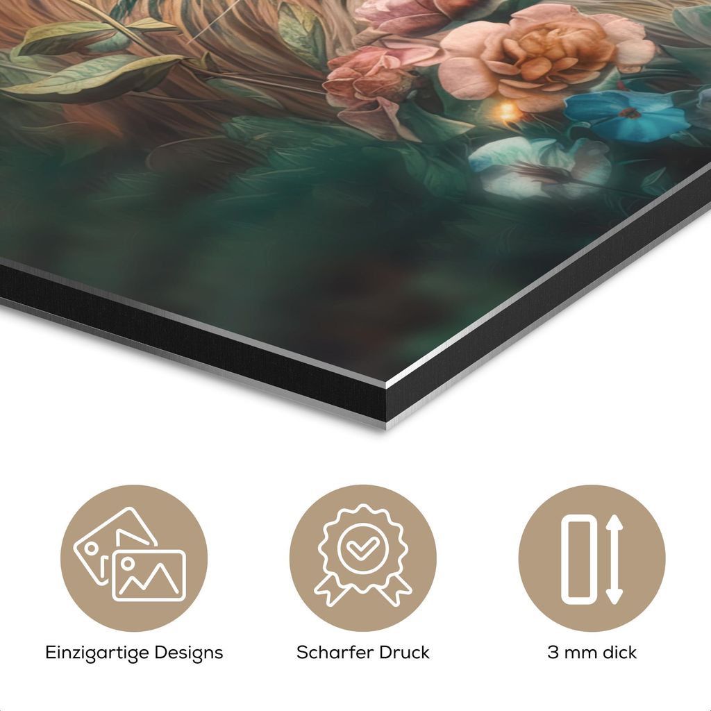 MuchoWow Wanddekoration Metall Metallbild Wandkunst 90x90 cm Löwe - Löwenkopf - Wilde Tiere - Blumen MuchoWow Aluminium Gemälde - Dekoration - I...