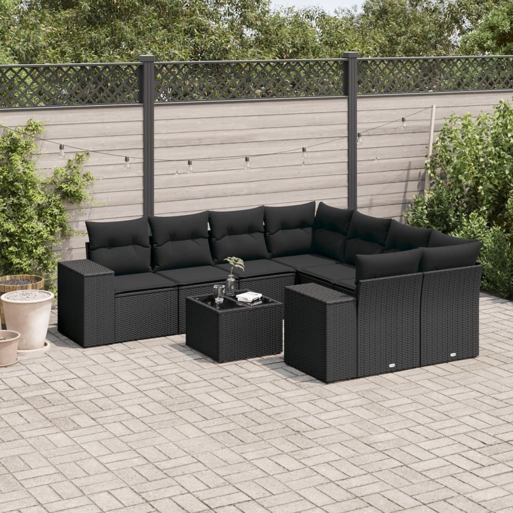 9-tlg. Garten-Sofagarnitur mit Kissen Schwarz Poly Rattan 3254692