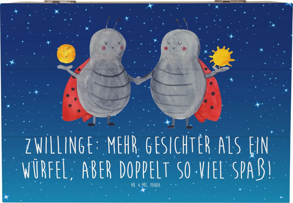 Mr. & Mrs. Panda Geschenkbox Zwillinge Spaß 22 x 15 cm - Sternenhimmel Blau - Geschenk, fotobox, Erinnerungsbox, Humor, Holzkiste mit Deckel, Horo...