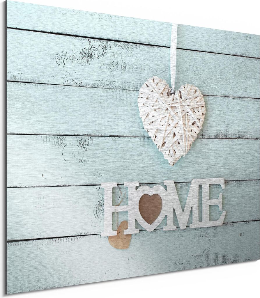 DEQORI Alu-Dibond Bild Silber 40x30 cm 'Holzschrift HOME' Wandbild Metall dünn Design
