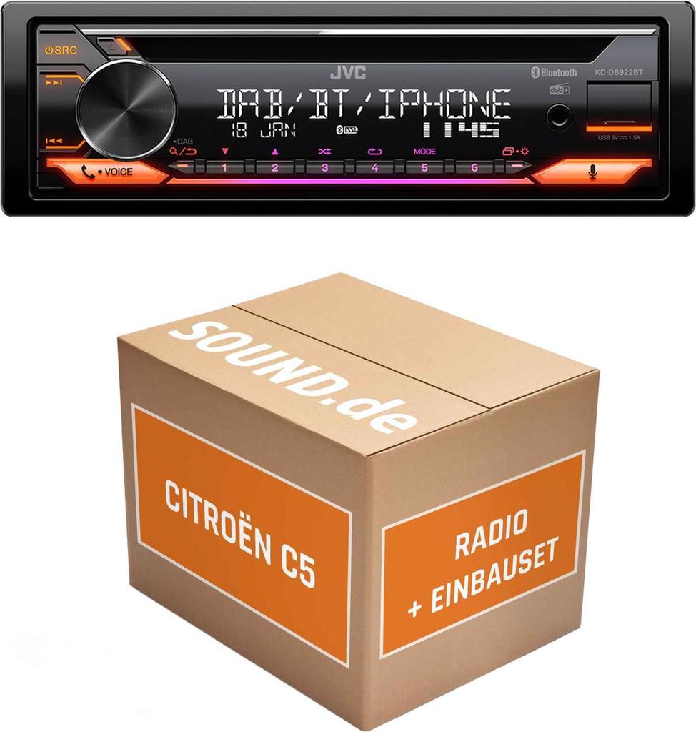 Autoradio Einbaupaket JVC KD-DB922BT passend für Citroën C5 DC/DE + RD4 + Lenkradfernbedienung Silber 12137 | Bluetooth Telefonieren Audiostreaming