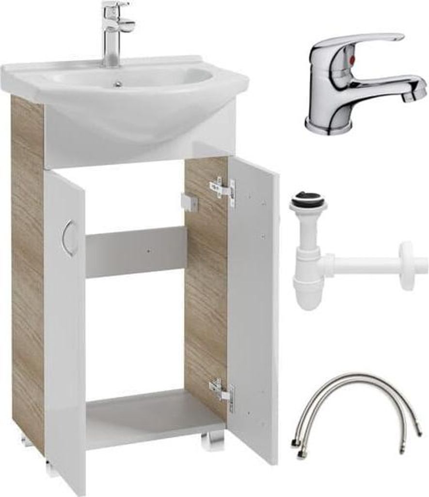 A bathroom vanity set with a sink, cabinet, faucet, and plumbing parts, displayed against a white background.