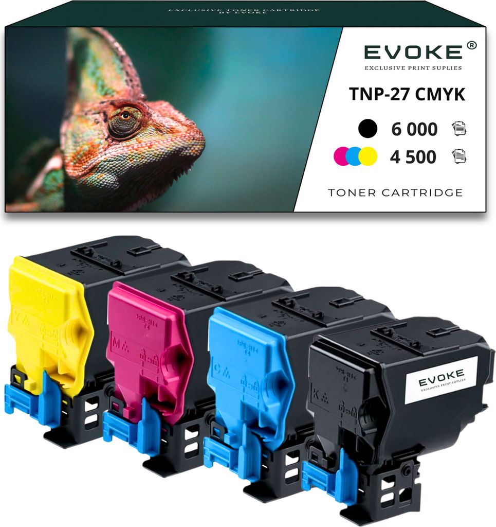 A product shot of four toner cartridges in front of a box with a chameleon image.