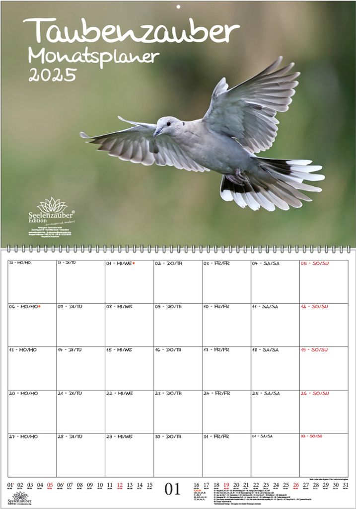 Taubenzauber Planer DIN A2 Kalender für 2025 Tauben - Seelenzauber