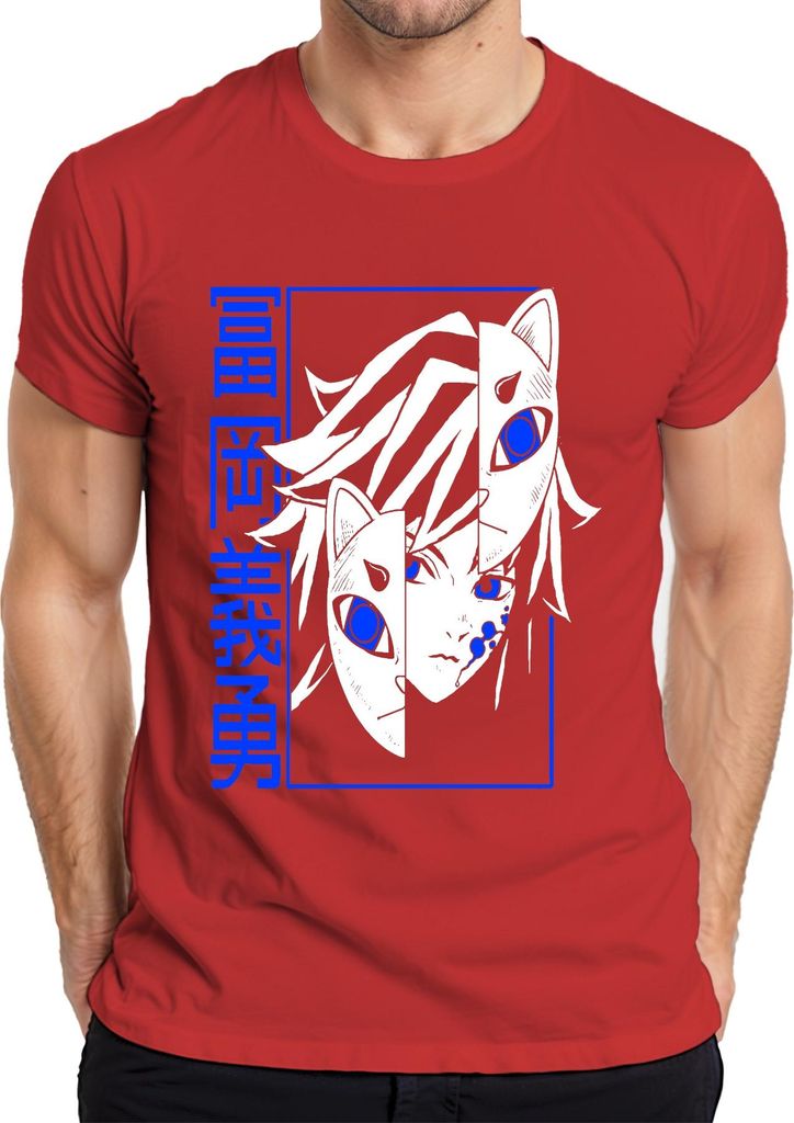 Kitsune Anime Halbgesicht Blauauge Japan Manga düster Geschenk Herren T-Shirt, Rot, XXL