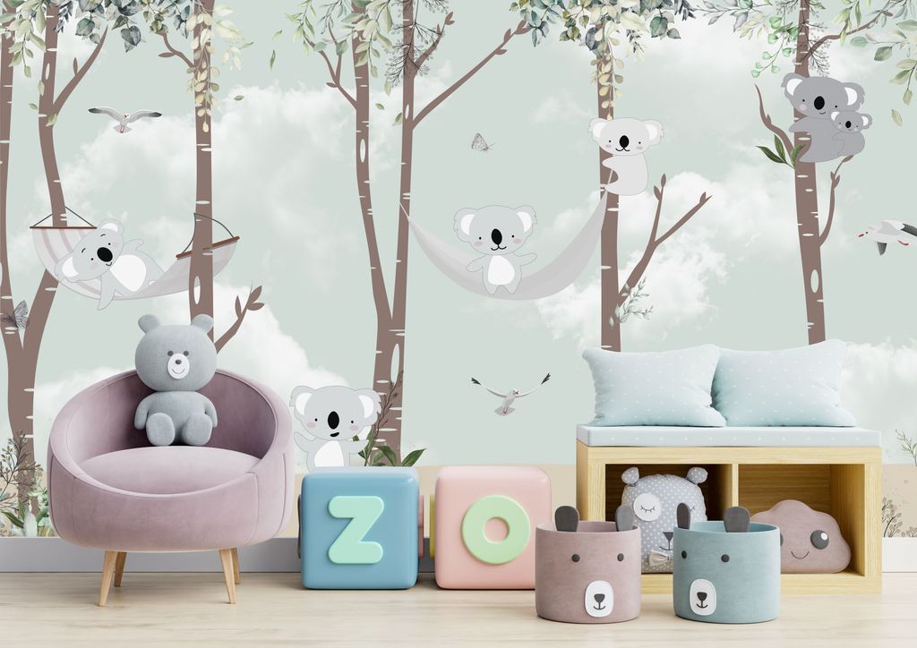 Deco-Wall | Viles Fototapete- Kinderzimmer | Fröhliche Pandas | 200x135 cm | Wandtapete | Wandsticker für Kinder