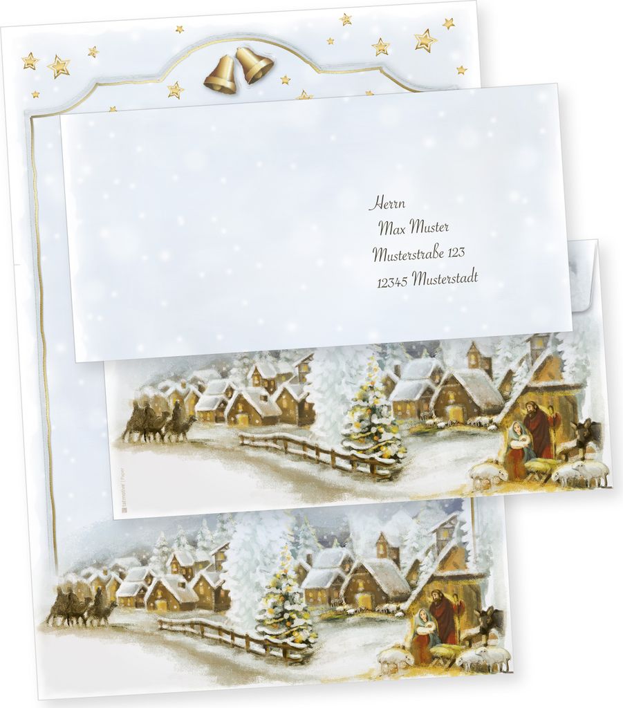 Weihnachtsdorf 250 Sets Christliches Weihnachtsbriefpapier mit Umschläge ohne Fenster Briefpapier Weihnachten kirchlich