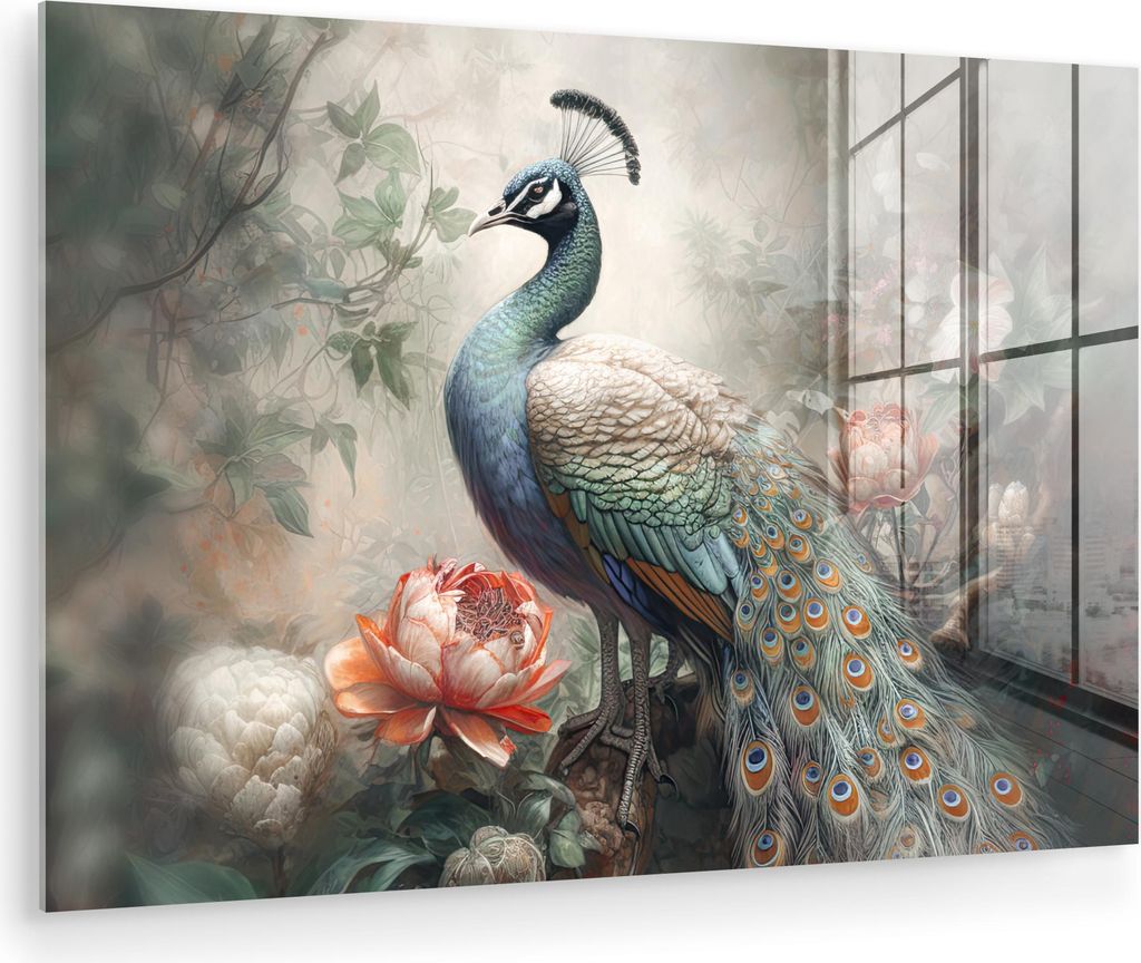 MuchoWow Glasbilder - Bilder auf Wandbild - Foto auf Glas Pfau - Pfauenfedern - Vogel - Dschungel - Blumen 60x40 cm Wanddekoration aus Glas - Acryl...
