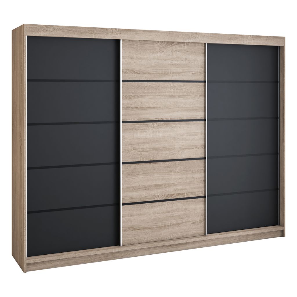 Schwebetürenschrank, 3-türig Schrank 200 cm mit 4 Schubladen, Retrostil Premium! Moderne Garderobe für Kleidung. Verschiedene Farben (Weiß, Sch...