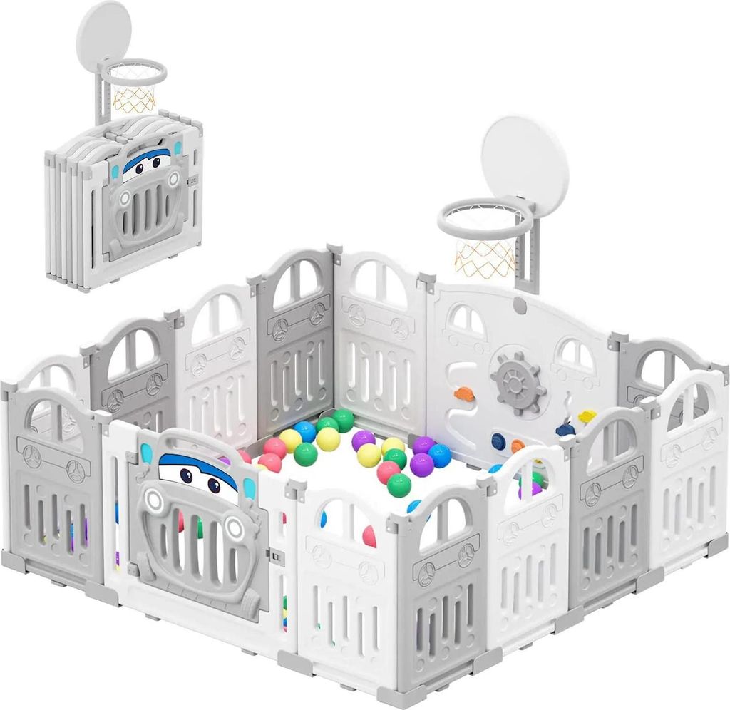 Baby Laufstall - Faltbares Kunststoff-Spielgitter - Stabil - Große Spielfläche - Aktivitätscenter - Cartoon-Muster - Grau
