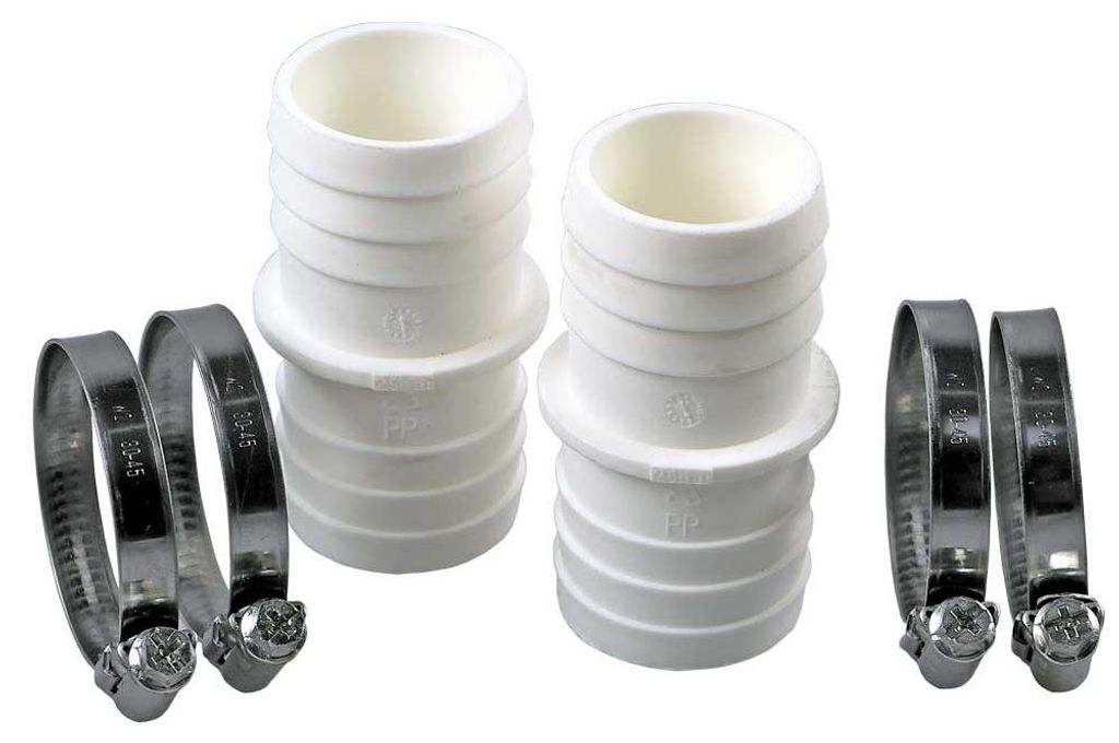 2 Stk. Schlauchverbinder Ø 32/32mm + 4 Edelstahlschellen Produktbild 