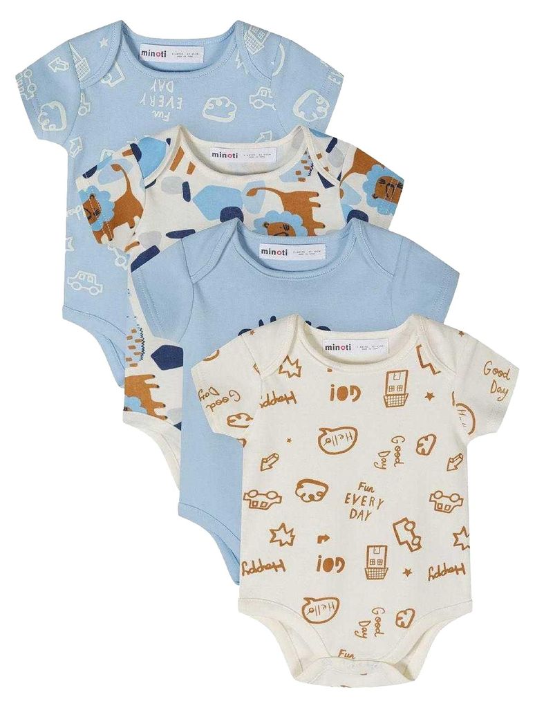 Minoti - Bodysuit für Baby-Jungs, Druckknopf, kurzärmlig (4er-Pack) MN315 (Neugeborene) (Hellblau/Weiß)