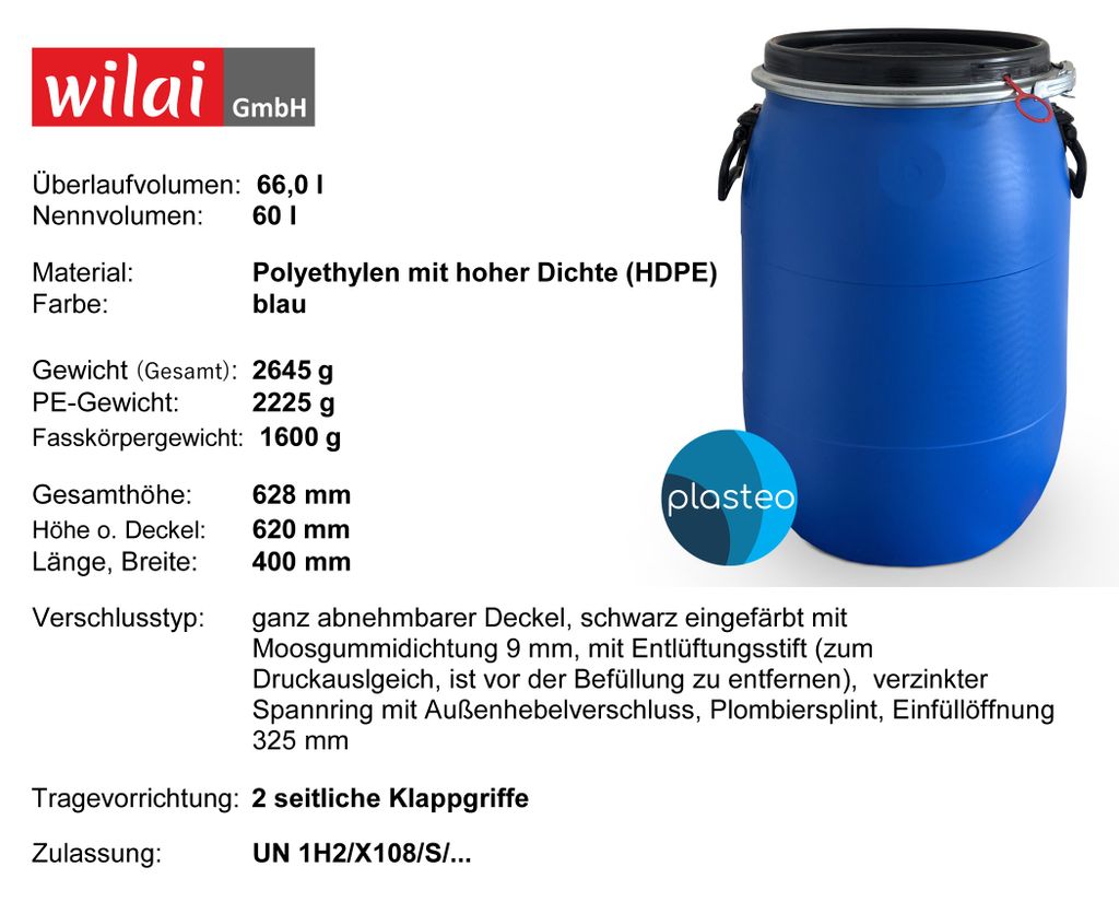 plasteo® 2 x 60 Liter Deckelfass Weithalsfass