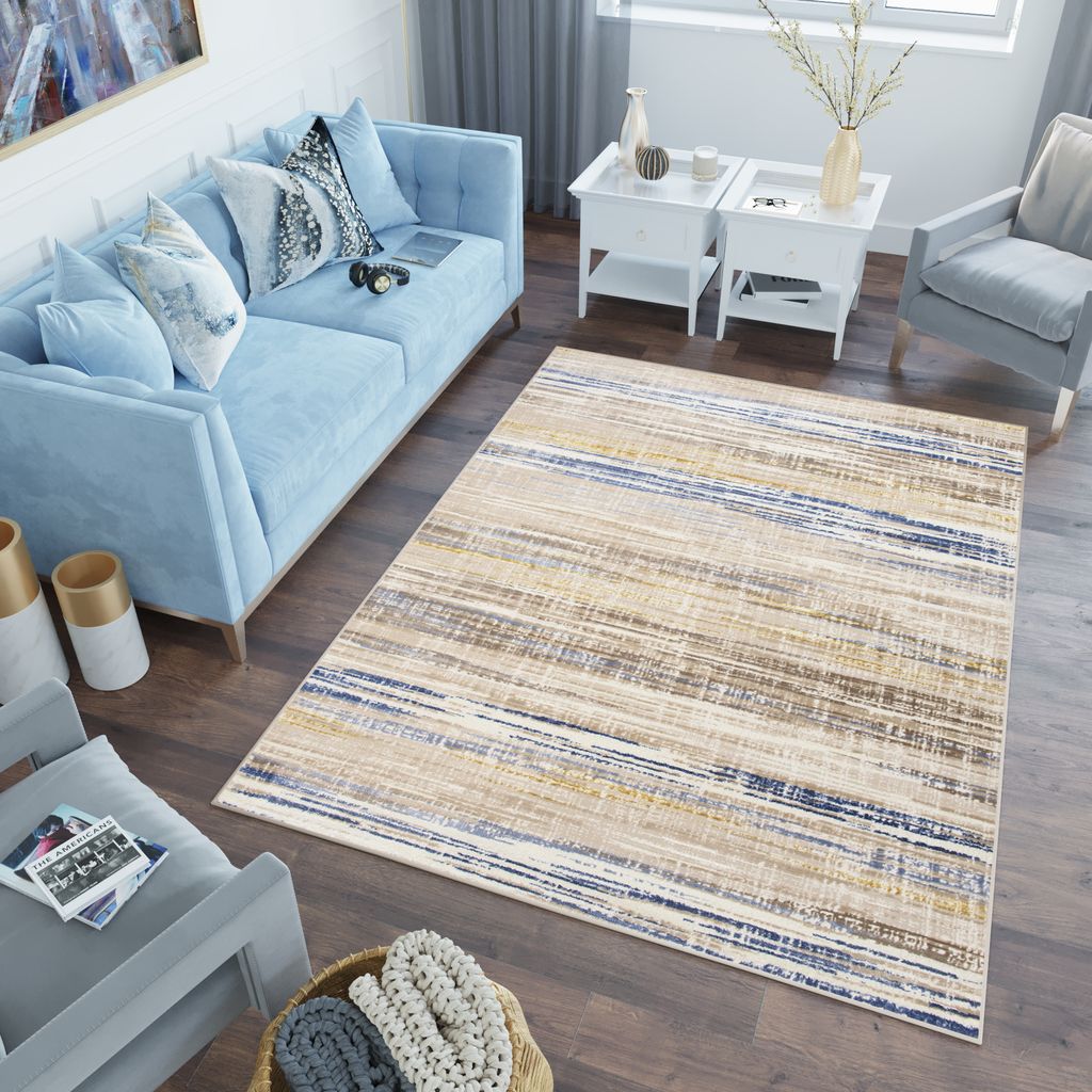 Teppich Wohnzimmer Schlafzimmer Kurzflor Modern Design Beige Grau Blau Gelb Meliert 80 x 150 cm