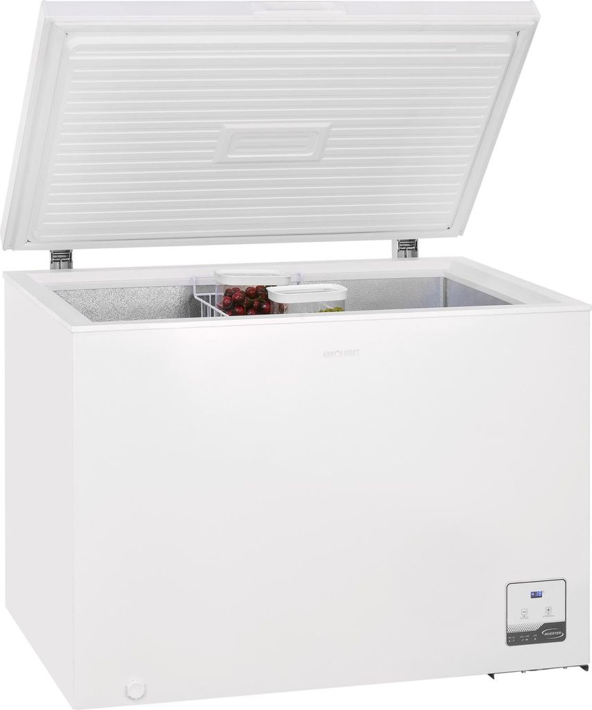 A white chest freezer with the lid open, showing a small basket of grapes and a container inside.