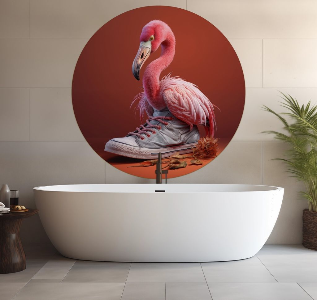 Wallario wasserfestes Poster selbstklebend 120 x 120 cm, Flamingo im Sneaker, Badezimmerposter Spritzschutz mit Hochglanzoberfläche in Glasoptik
