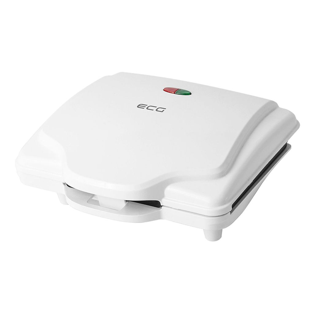 A white sandwich maker viewed from a slightly elevated diagonal angle.