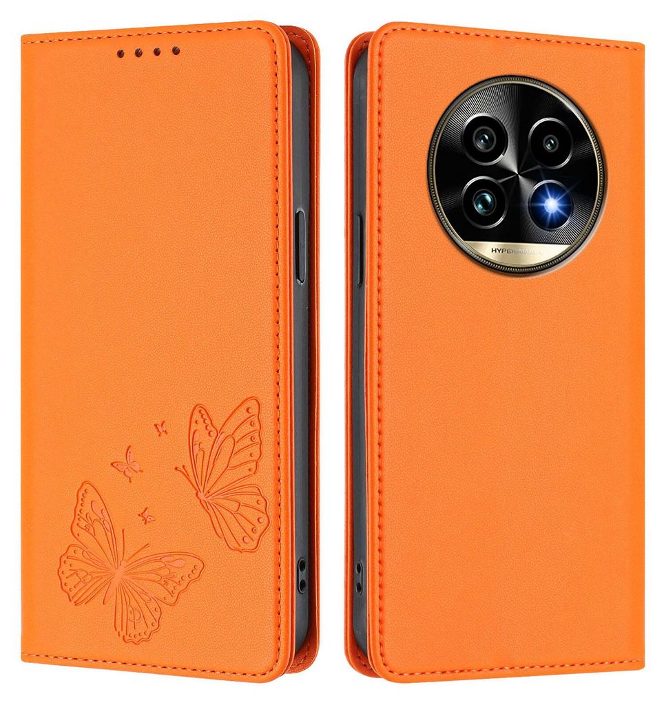 Lederhülle für Realme 13 Pro /Realme 13 Pro+ 5G, Schmetterling Prägung Leder Brieftasche Schutzhülle mit Ständer Orange