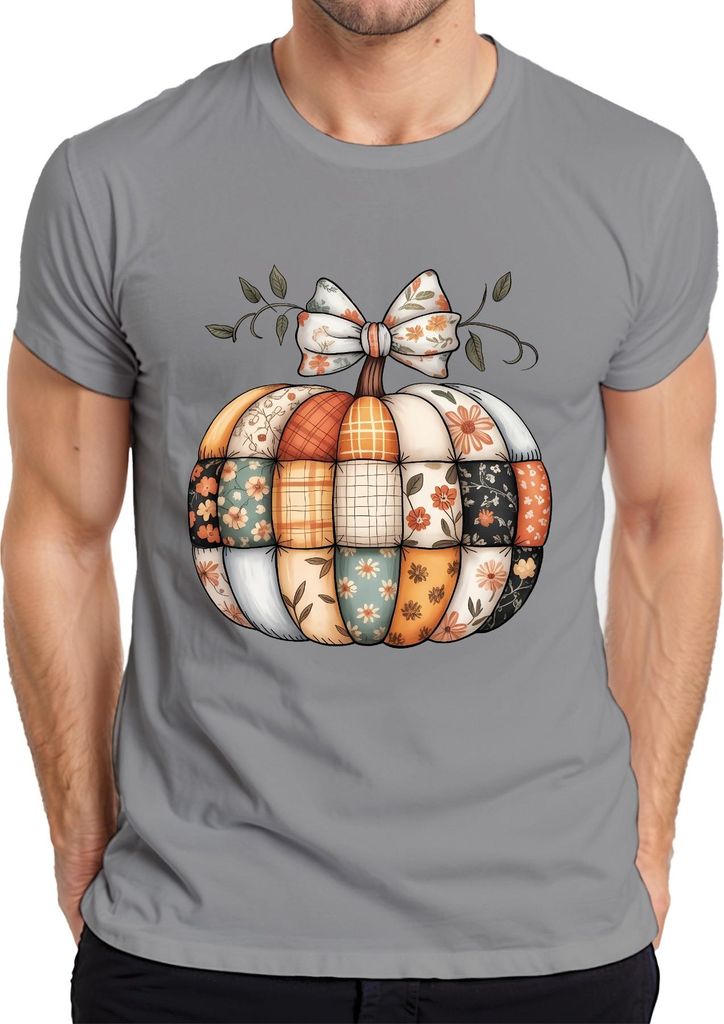Patchwork Kürbis Herbst Boho Vintage Blumen Landhaus Shabby Chic Herren T-Shirt, Grau, XL