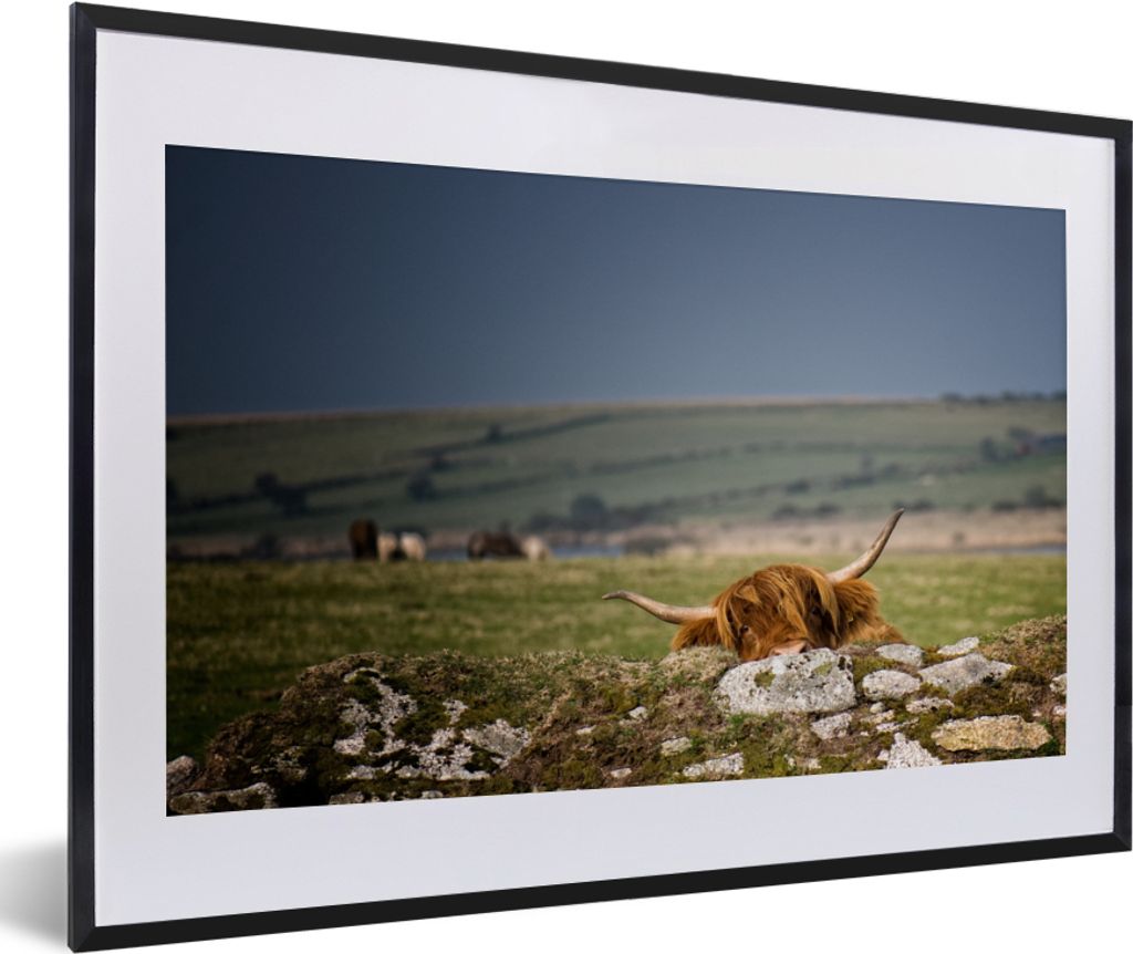 MuchoWow Gerahmtes Poster Schottische Highlander - Steine - Gras 60x40 cm - Poster mit Schwarzem Bilderrahmen Wandposter Rahmen Foto Bilder - Sch...
