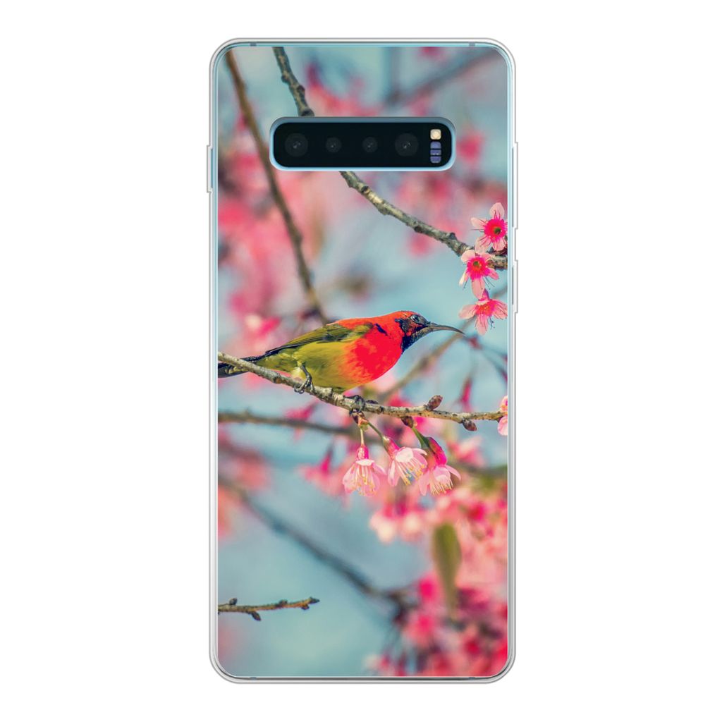 MuchoWow Handyhülle Schutzhülle Hülle für Samsung Galaxy S10 Lite Vogel - Sakura - Farben Silikon Softcase Handy Hülle - Schutz