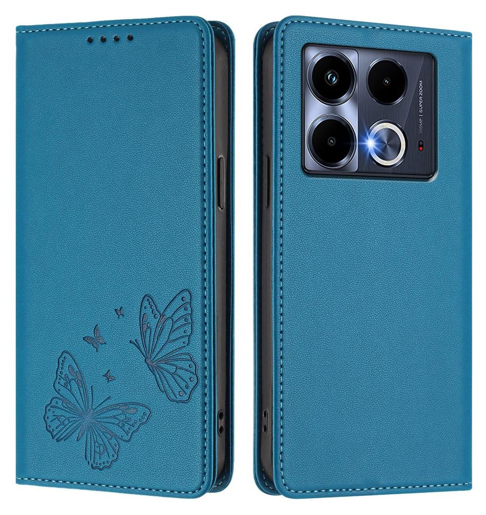 Lederhülle für Infinix Note 40 5G, Schmetterling Prägung Leder Brieftasche Schutzhülle mit Ständer Blau