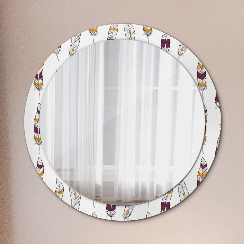 Ø90cm Spiegel - Glasrahmen mit Aufdruck - Wandspiegel Schlafzimmer - Federn