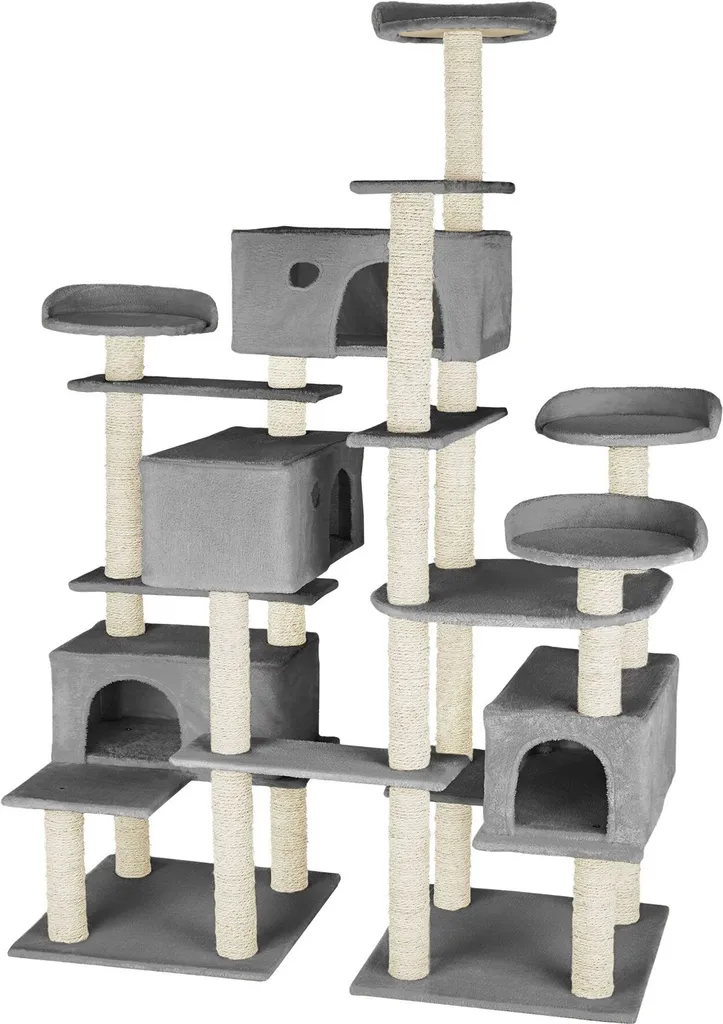Grand arbre à chat Entissar 214 cm gris avec niches et plateaux XL
