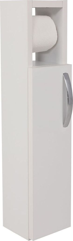 A tall, narrow white bathroom cabinet with a silver handle.