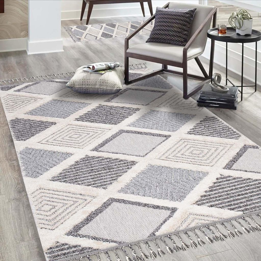 Teppich Wohnzimmer Boho-Stil Graublau, Creme - 80x150 cm - Rauten-Look - Relief-Optik, 3D-Effekt