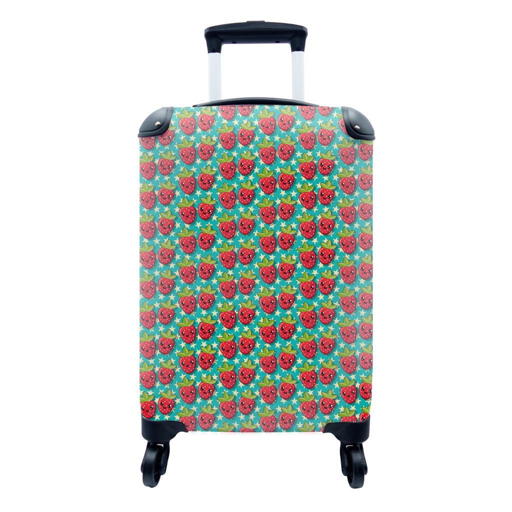 MuchoWow Koffer Handgepäck Trolley Rollkoffer Kleine Reisekoffer mit 4 Rollen - Erdbeeren - Kinder - Obst - Vegan - Design - Cabin Size < 55x40x...