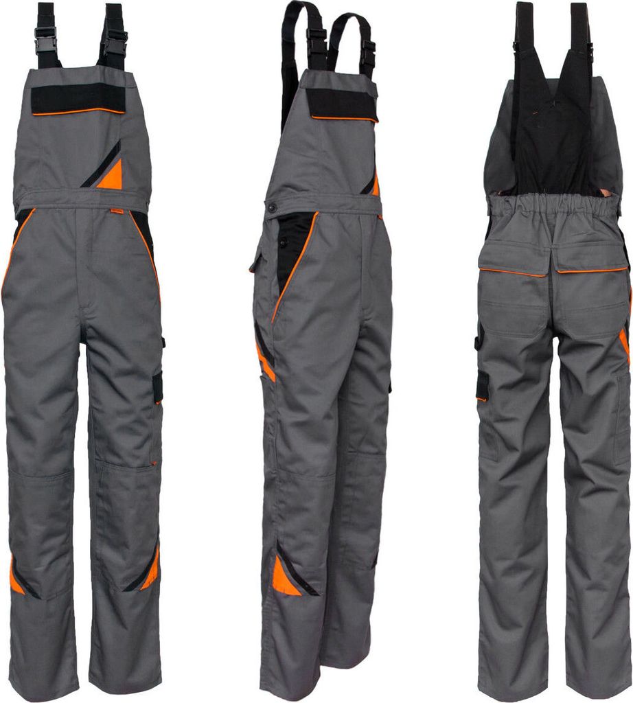 Three views of a pair of gray work overalls with orange and black accents.