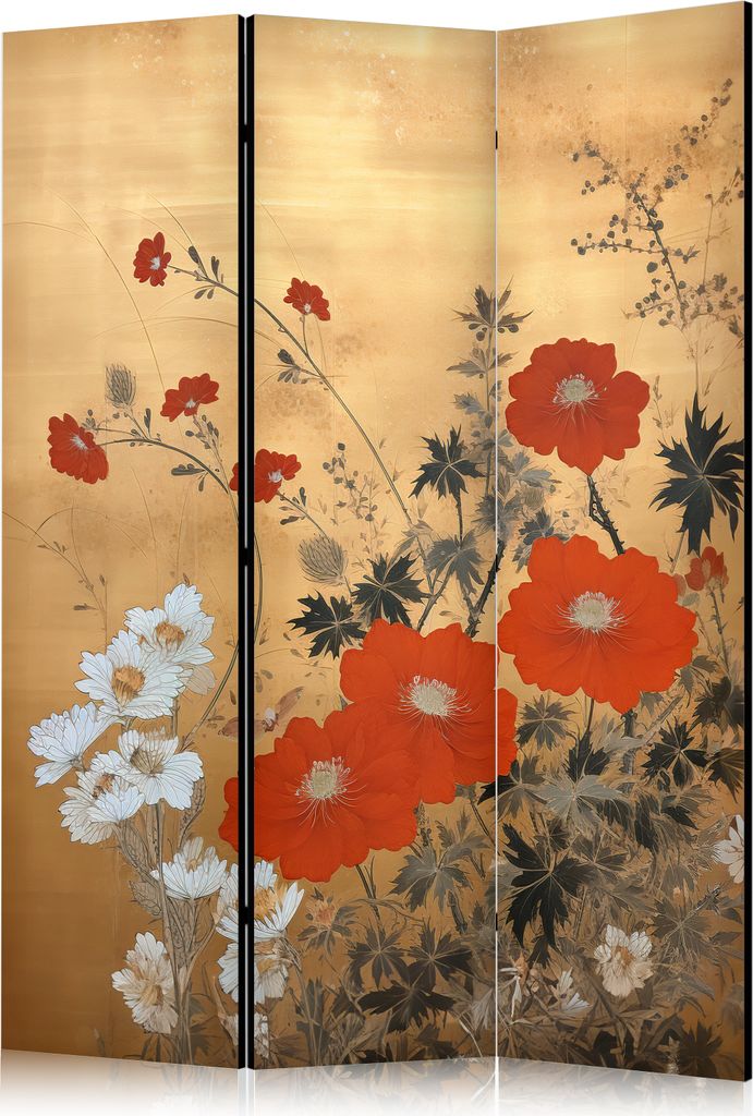 Neuheit! Dekorativer Paravent Raumteiler Trennwand Foto-Paravent Spanische Wand XXL 135x172 cm Retro Rot Blumen Gänseblümchen b-H-10005-z-a