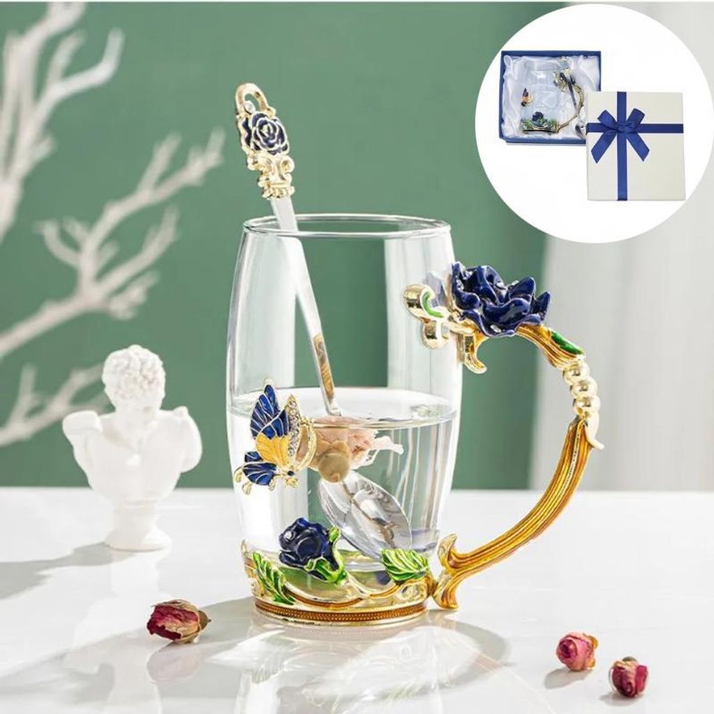 Teeglas Teetasse aus Glas Teetasse Kaffeetassen mit Blumengriff und Löffel