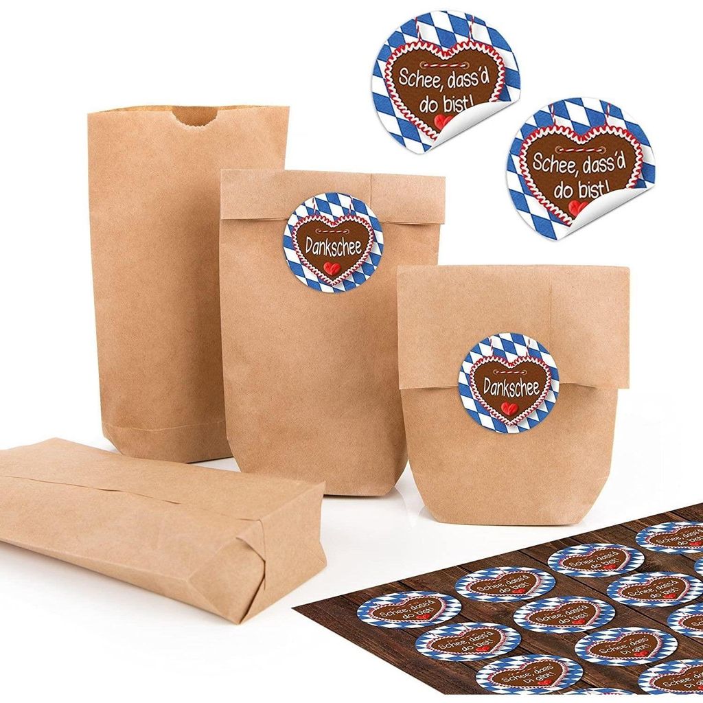 24 kleine braune Papiertüten natur Kraftpapier 9 x 15 x 3,5 cm + 24 runde SCHÖN DASS DU DA BIST blau weiß kariert BAYERN bayerisch Danke Verpack...