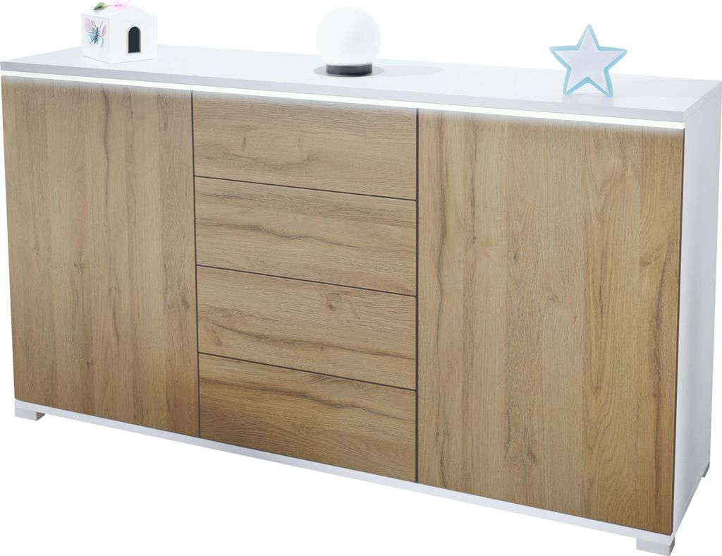 Vladon Sideboard Faro V1 - Kommode mit 2 Türen & 4 Schubladen, Schrank mit LED Lichtleiste, Weiß matt / Eiche Natur (138,5 x 75,5 x 35)
