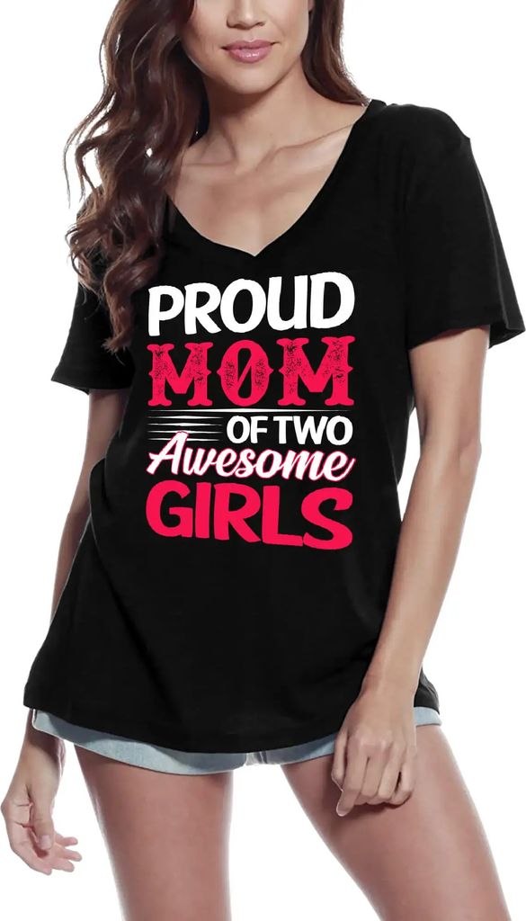 Damen Grafik T-Shirt V-Ausschnitt Stolze Mutter von 2 großartigen Töchtern - Mutter – Proud Mom Of 2 Awesome Daughters - Mother – Öko-Verant...