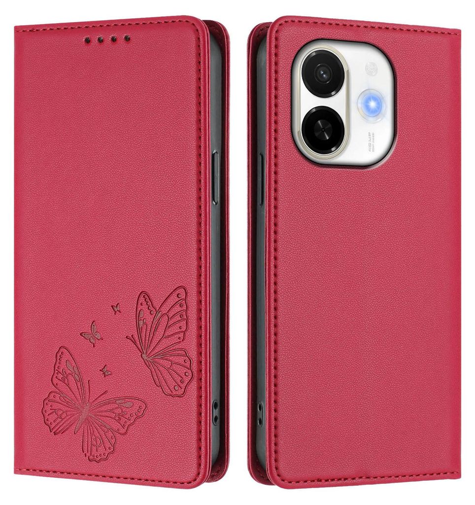 Lederhülle für Tecno Spark 30C 5G/Pop 9 5G, Schmetterling Prägung Leder Brieftasche Schutzhülle mit Ständer Rot