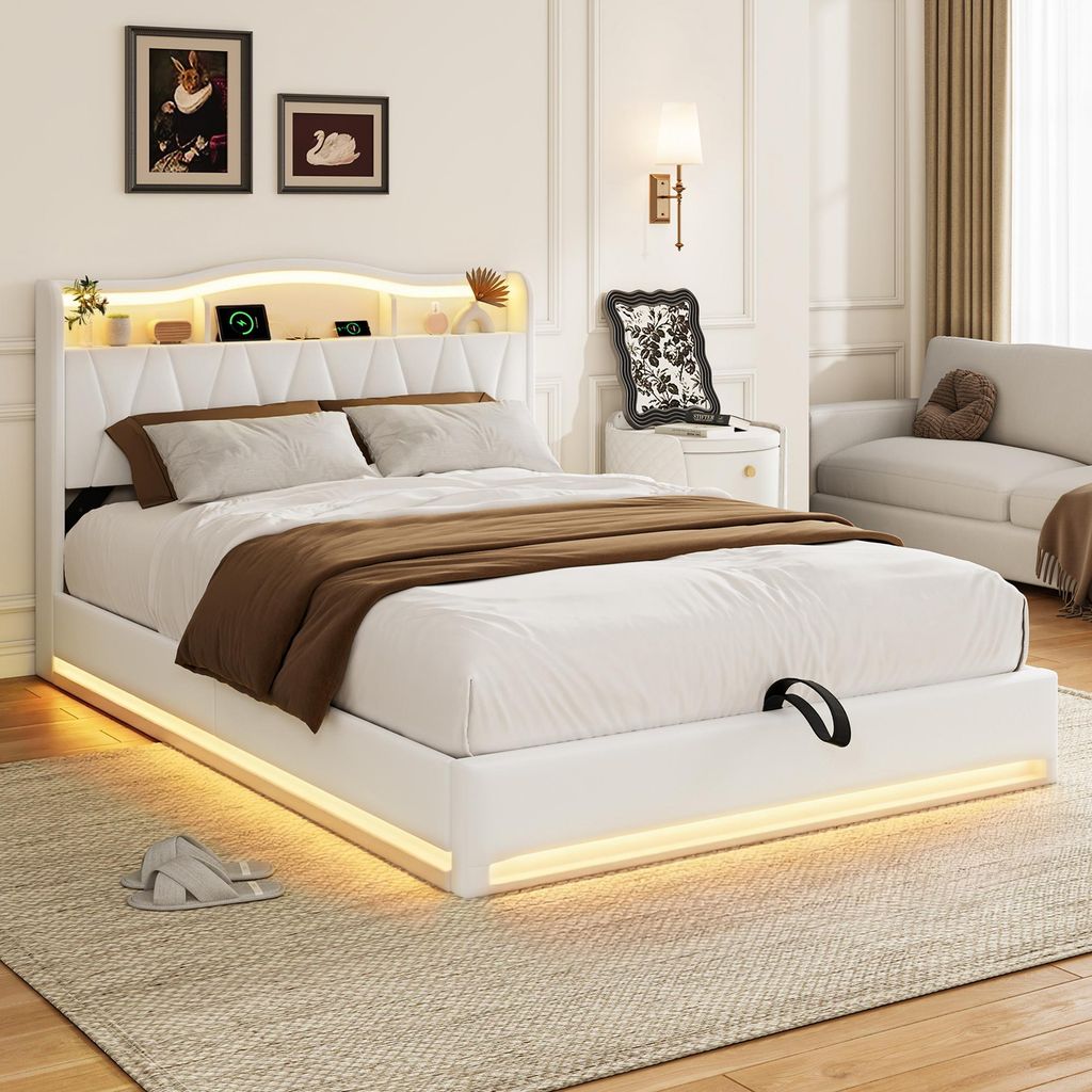 REMZETTA Polsterbett 140x200 cm Beige mit LED, USB und Produktbild 