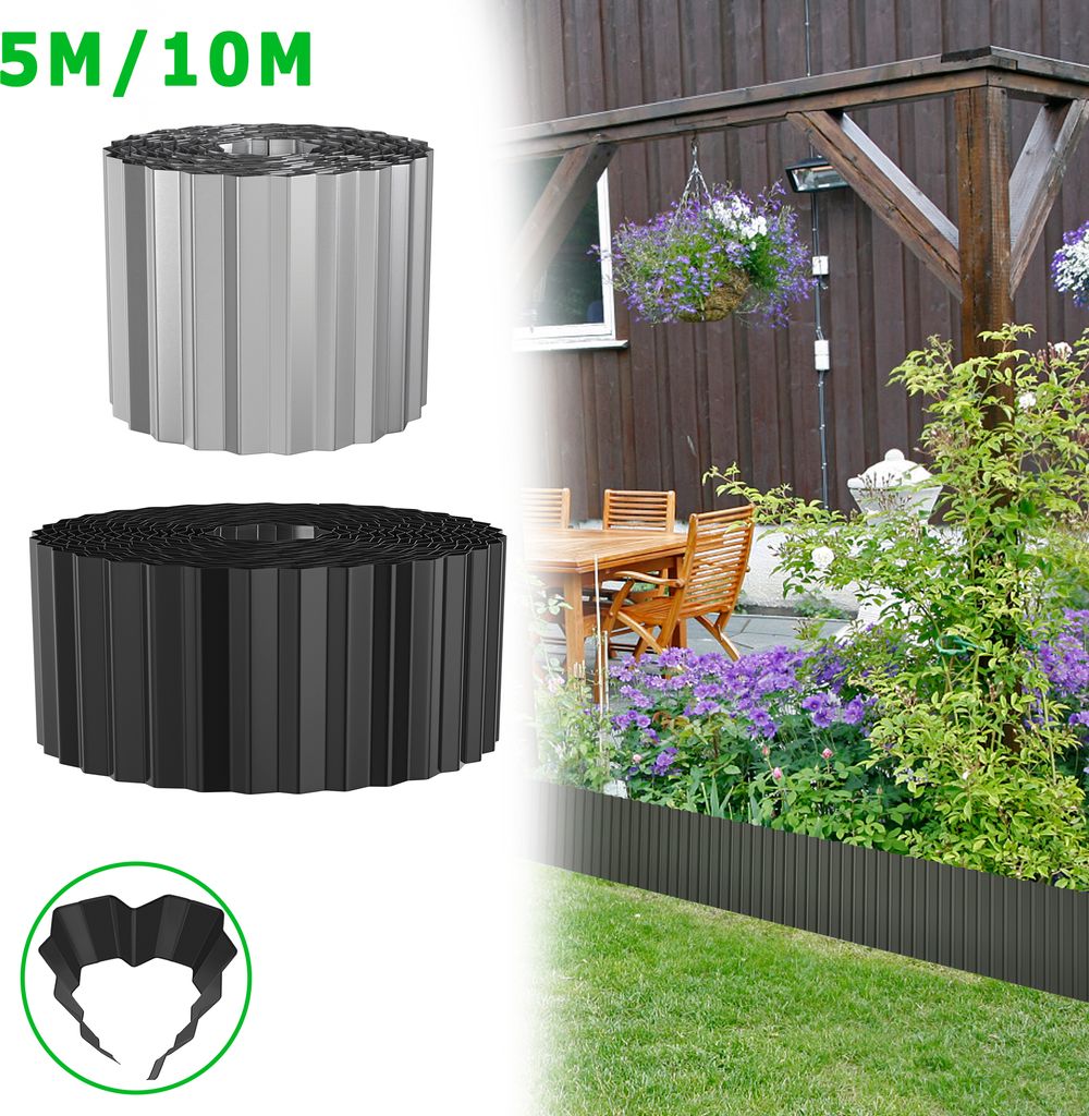 A collage showing rolls of garden edging and a garden scene with flowers and furniture.