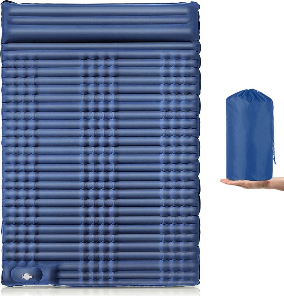 Doppeltes aufblasbares Campingbett, aufblasbare Isomatte, mit Pumpe und Kissen, 203x140x10cm, geeignet für Outdoor-Camping und Reisen, Marineblau
