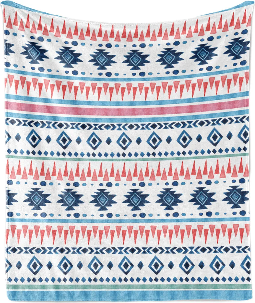 ABAKUHAUS Coperta in morbido pile di flanella Ikat, motivi creativi in stile acquerello con stampe geometriche, 175 x 230 cm, blu cielo scuro e rosso corallo