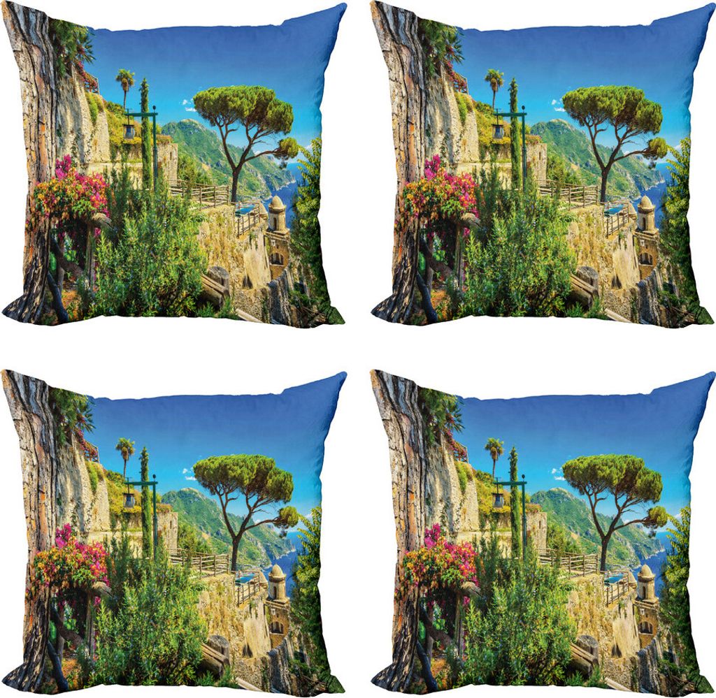 ABAKUHAUS Landschaft Kissenbezug Set (4 Stück), Dorf Bäume Blüten, Moderner Doppelseitiger Digitaldruck, 40 cm x 40 cm, Mehrfarbig