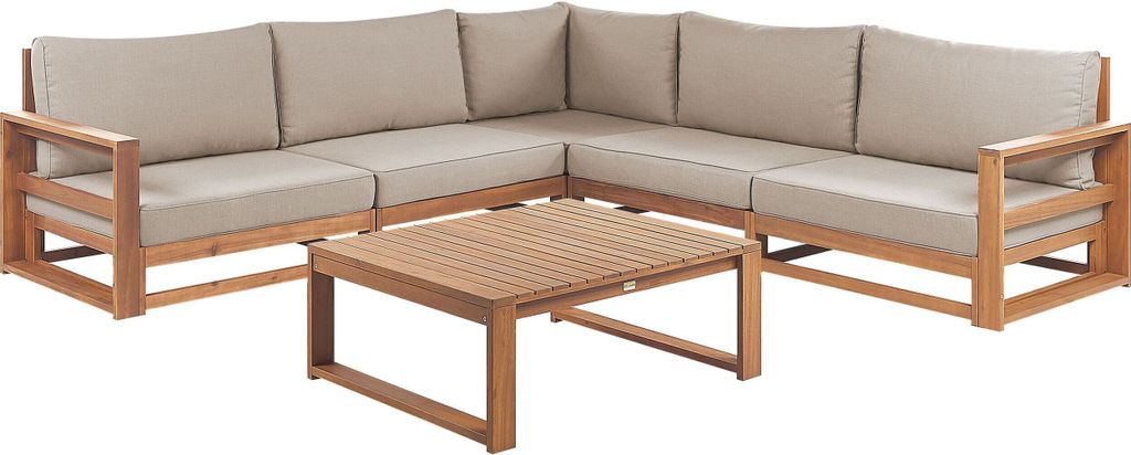 BELIANI Lounge Set Hellbraun es Akazienholz Auflagen Taupe 5-Sitzer Ecksofa mit Couchtisch Retro Landhaus Stil Terrasse Outdoor
