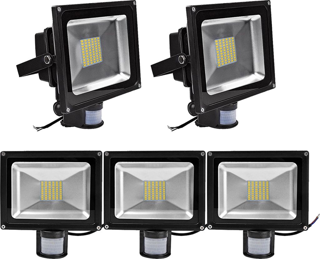 5pcs 50W LED Fluter SMD Strahler mit PIR Bewegungsmelder,Greenmigo 120° Fluter IP65 Wasserdicht Aluminiumkörper Schwarz Warmweiß