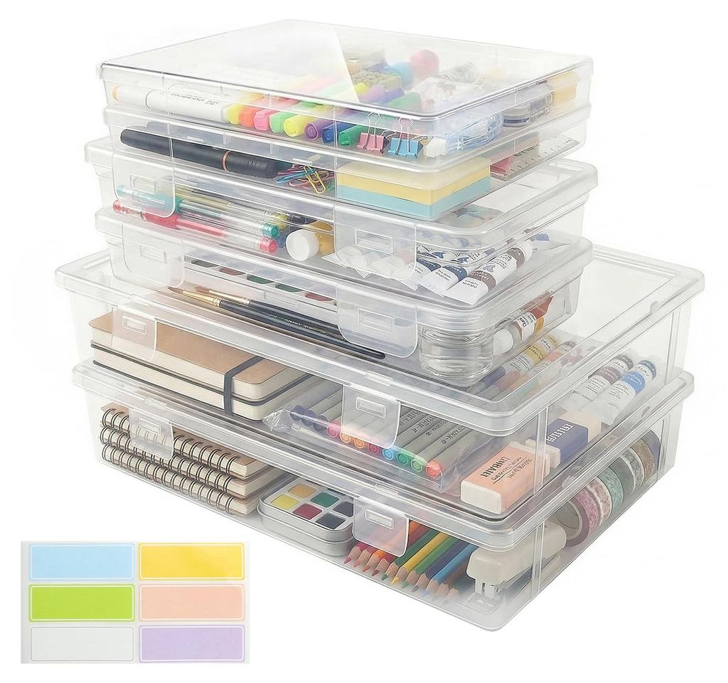 Set mit 6 transparenten Aufbewahrungsboxen in 3 Größen, stapelbar, mit Deckel und 8 Kunststoffetiketten, für Büromöbel, Aufbewahrungsmateriali...