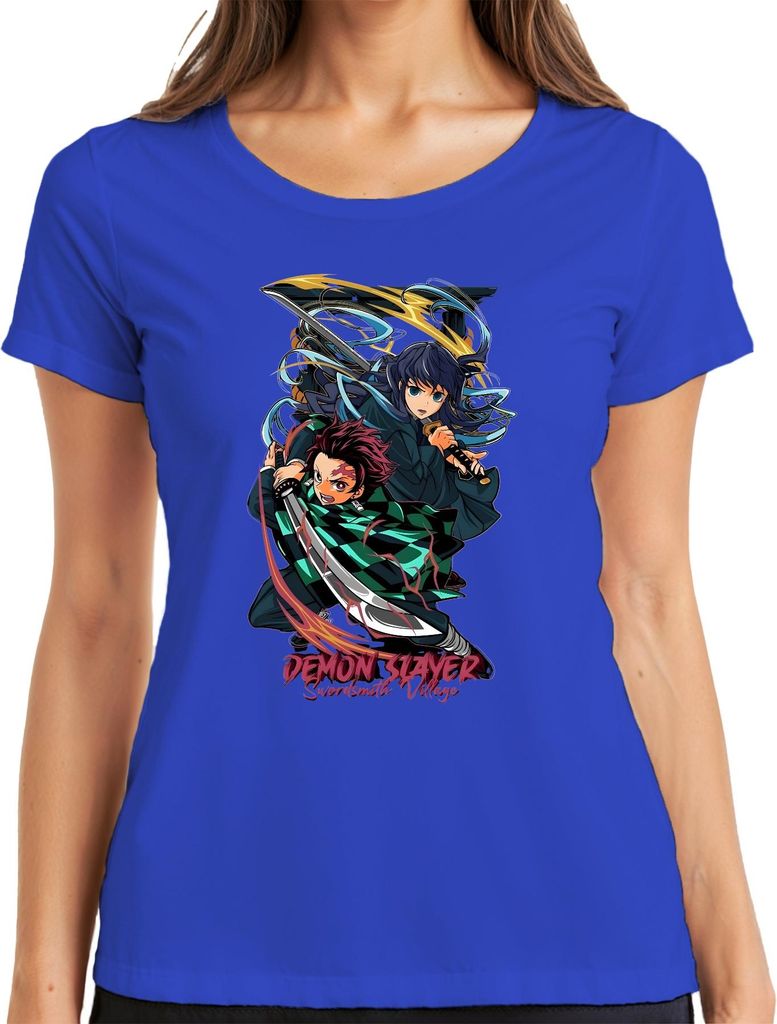 Demon Slayer Swordsmith Village Tanjiro Schwert Anime Geschenk Damen T-Shirt, Blau, L