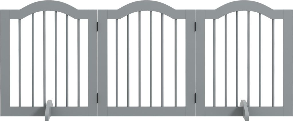 Absperrgitter Hund 3-teilig, 154,5 x 61 cm Faltbar Hundegitter mit Tür, 2 Stützfüßen Hellgrau