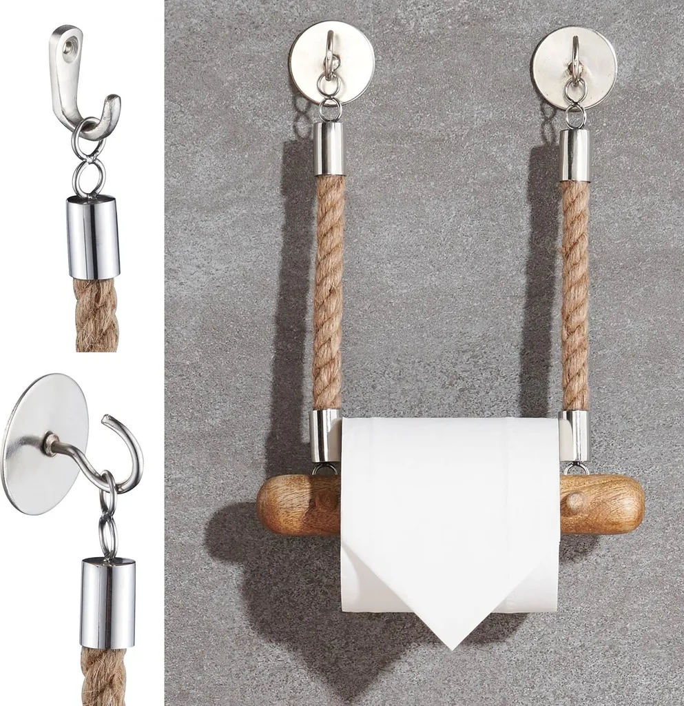 Porte-rouleau papier toilette en corde et bois de manguier fixe